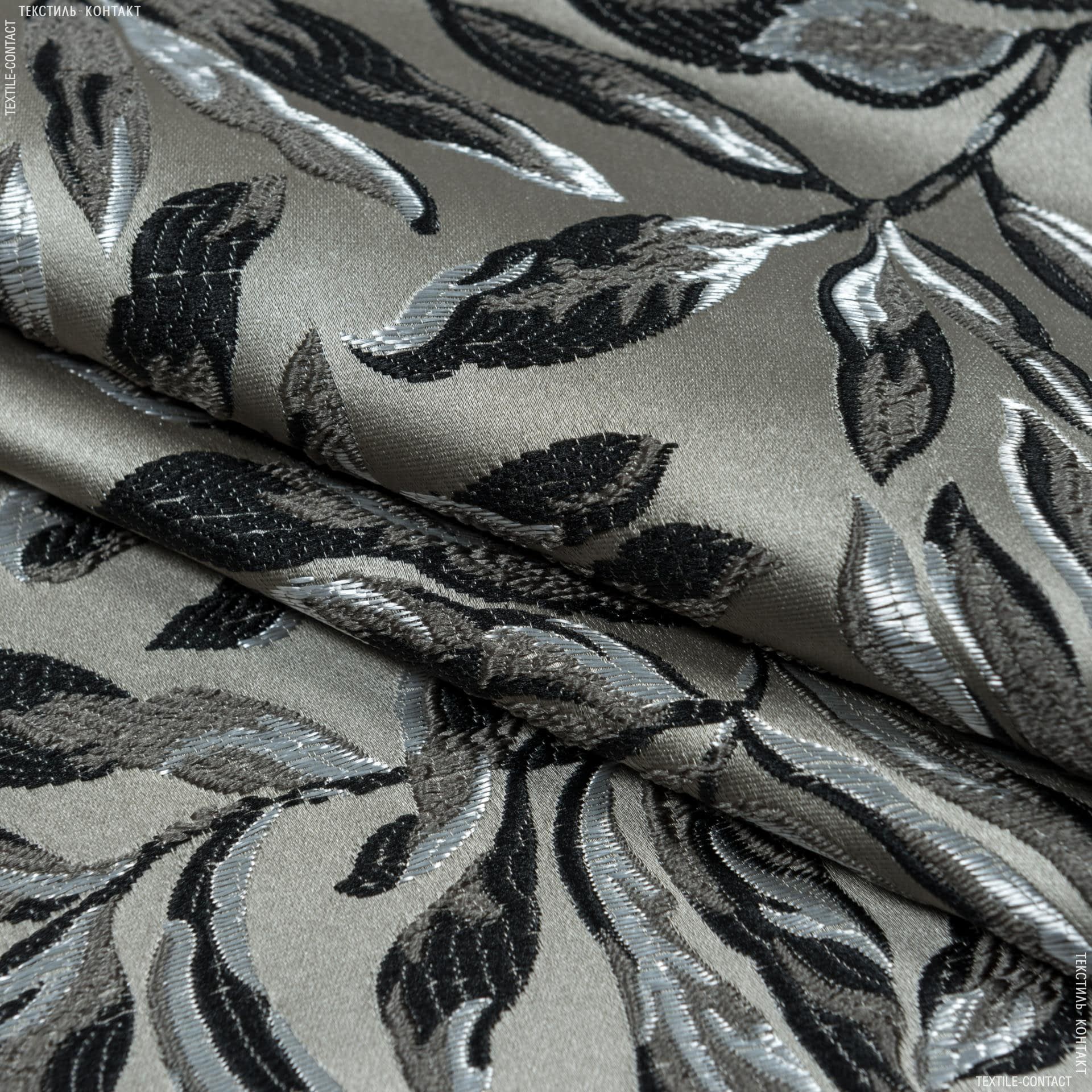 Тканини портьєрні тканини - Декоративна тканина роял листя /royal тон мокрий пісок. сіро-чорний