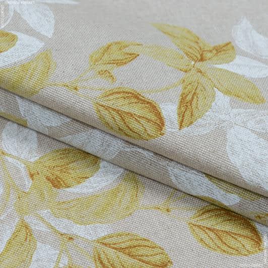 Тканини бавовняні сумішеві - Декоративна тканина Надін листя жовтий фон натуральний