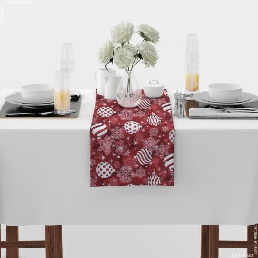 Ткани для декора - Раннер для сервировки стола  Новогодний/ Елочные игрушки фон красный  150х40  см  (173304)