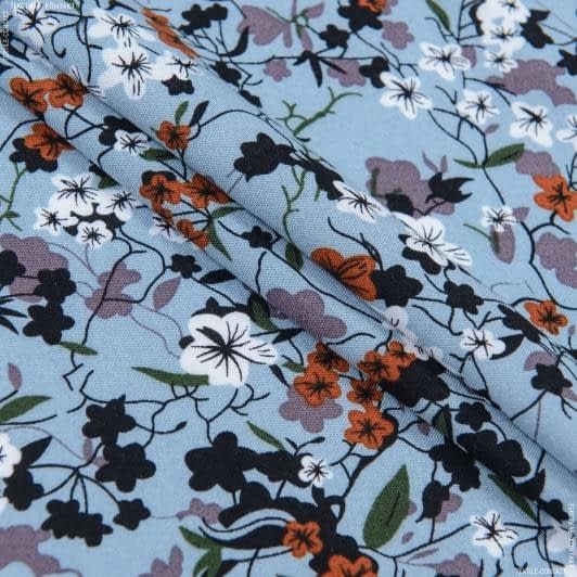 Тканини для спідниць - Штапель Фалма принт біло-руді квіти на сіро-блакитному