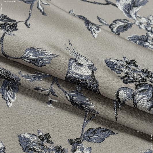 Ткани для портьер - Декоративная ткань Мабелла птицы т.серый фон серо-бежевый