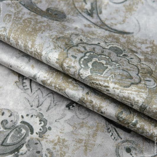 Тканини для перетяжки меблів - Велюр Хармоні принт пейслі св. сірий , оливка