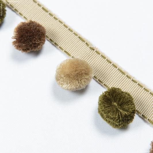 Ткани фурнитура для декора - Тесьма репсовая с помпонами Ирма цвет оливка, беж 20 мм