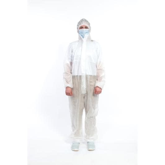 Ткани защитные костюмы - Защитный комбинезон с капюшоном одноразовый  ламинированый спанбонд (герметизация швов ультразвуком) L