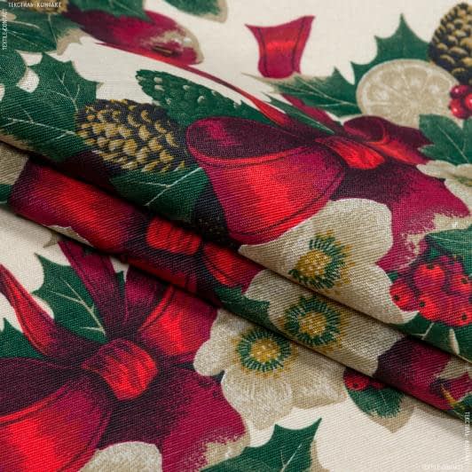 Ткани для декоративных подушек - Декоративная новогодняя ткань Рождественник  фон ваниль(аналог 107029)