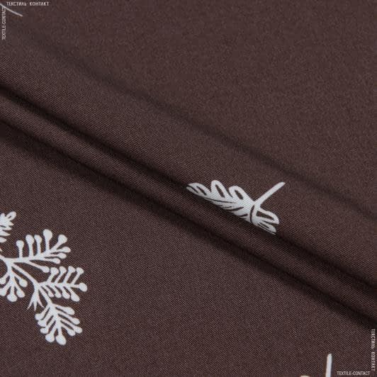 Тканини для суконь - Платтяний твіл принт білі листочки на коричневому