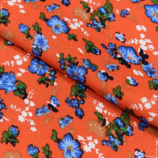 Тканини для суконь - Штапель фалма принт сині квіти на яскраво-помаранчевому