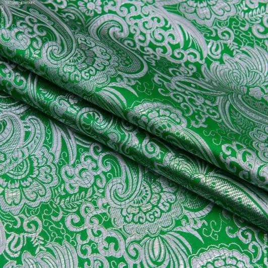 Тканини парча - Парча жакард зелено-срібна