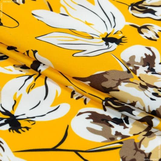 Тканини для суконь - Платтяний шовк віскозний квіти жовто-коричневий