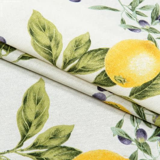 Тканини портьєрні тканини - Декоративна тканина лонета Оливки, лимони / OLIVA фон кремовий