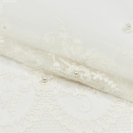 Ткани гардинные ткани - Тюль вышивка Жемчужинка цветочки молочный (купон)