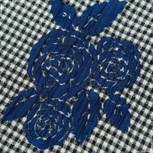 Тканини розпродаж - Костюмна фукро синіі троянди на чорно-білій клітинці