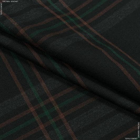 Тканини для костюмів - Костюмна стрейч діагональ у клітинку зелену, помаранчеву на чорному