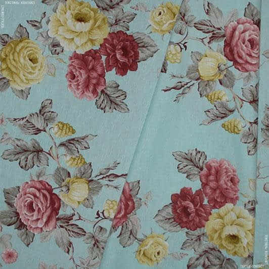 Ткани для пэчворка - Декоративная ткань панама Артико розы коралл, оливка фон лазурь