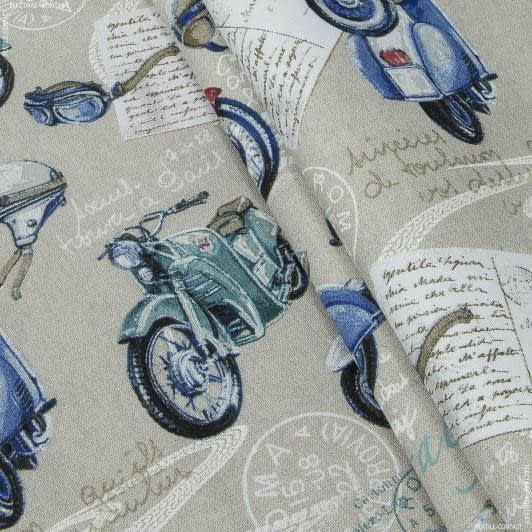Тканини для декору - Декоративна тканина лонета Веспа мотоцикли синій, червоний