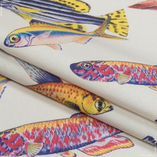 Ткани для бескаркасных кресел - Дралон принт Вардо /VARDO рыбки цветные фон молочный