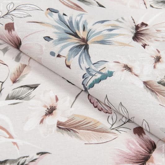 Тканини для штор - Декоративна тканина лонета Листяна казка бежева фон світо сірий