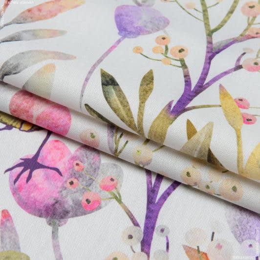 Тканини для штор - Декоративна тканина Пташиний світ  колір мальва, рожевий, жовтий, фон молочний