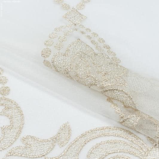 Ткани свадебная ткань - Тюль микросетка вышивка Агильеро молочная-золото (купон)