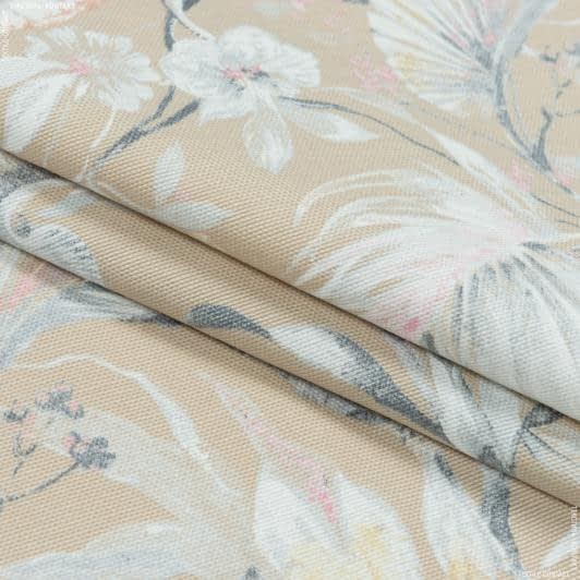 Ткани для декоративных подушек - Декоративная ткань панама Омбра/OMBRA цветы  фон песок