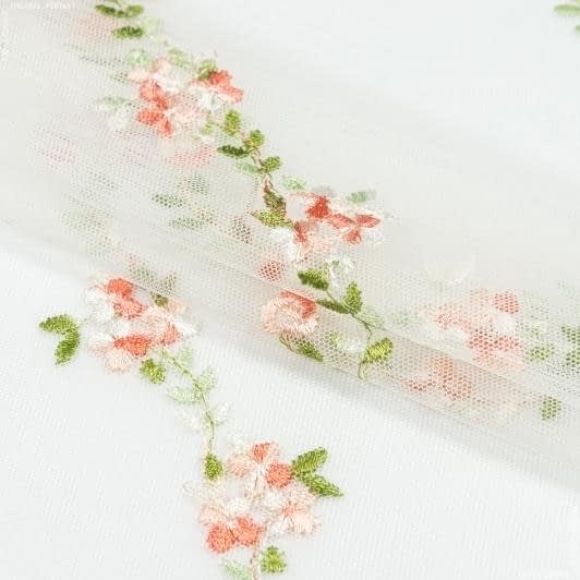 Тканини гардинні тканини - Тюль сітка вишивка Сілена квіти колр персиковий