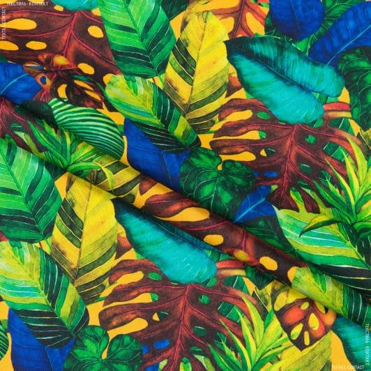 Тканини бавовняні сумішеві - Декоративна тканина лонета Листя жовтий, зелений