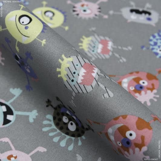 Ткани для детской одежды - Экокоттон монстрики разноцв фон серый
