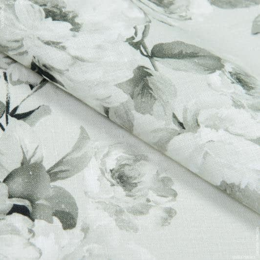 Тканини для костюмів - Льон костюмний принт троянди оливковий/сірий