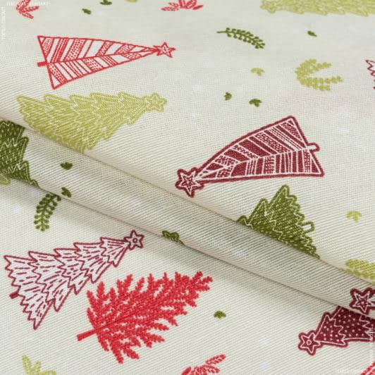 Тканини для декоративних подушок - Декоративна новорічна тканина Лонета Ялинки,молочний