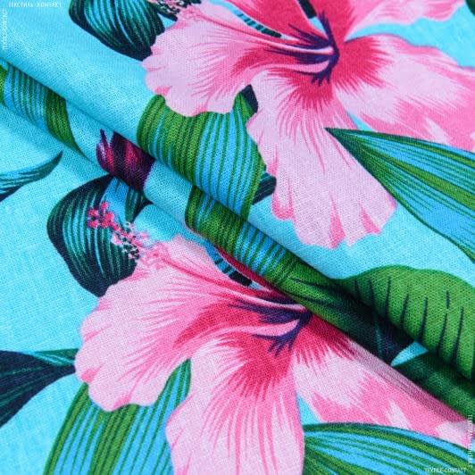 Тканини для блузок - Льон Леона малинові квіти на темно-бірюзовому