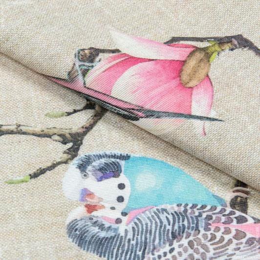 Ткани хлопок смесовой - Декоративная ткань лонета Магнолия, попугаи фон беж