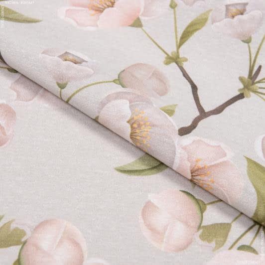 Тканини для римських штор - Декоративна тканина лонета Яблуневий цвіт білий фон світло сірий