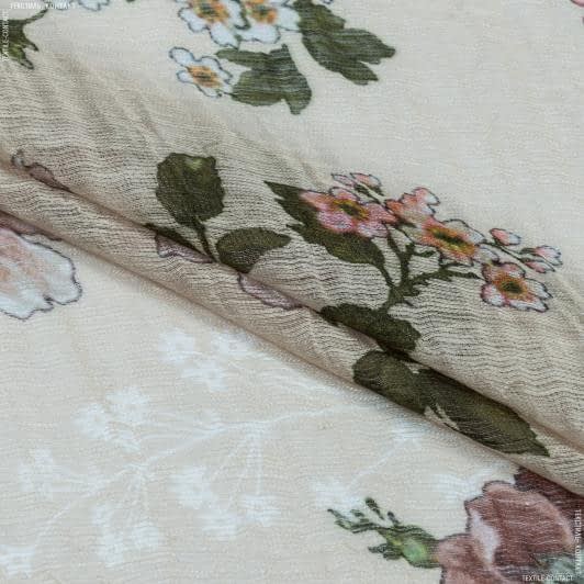 Тканини гардинні тканини - Тюль принт Шик квіти фон св.бежевий з обважнювачем