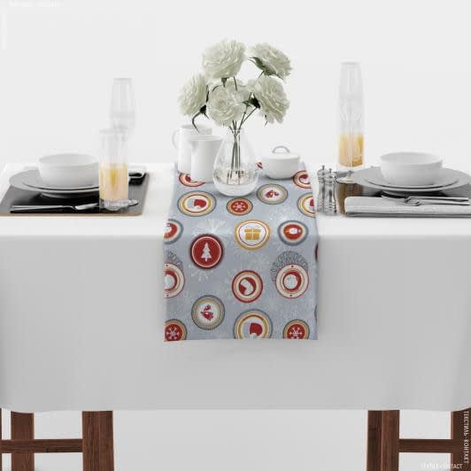 Тканини текстиль для кухні - Ранер для сервірування столу Новорічний / Іграшки, сірий фон 150х40 см  (173576)
