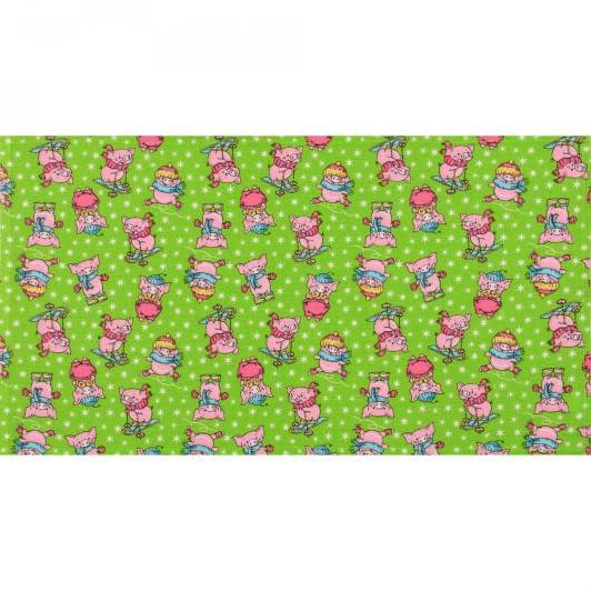 Тканини розпродаж - Рушник вафельний  набивний 40х70 порося на ковзанах зелений