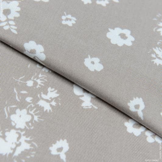 Тканини для суконь - Платтяна Тенсел принт білі квіти на бежевому