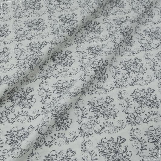 Тканини для ляльок - Декоративна тканина лонета Таніт вензель т.сірий фон білий