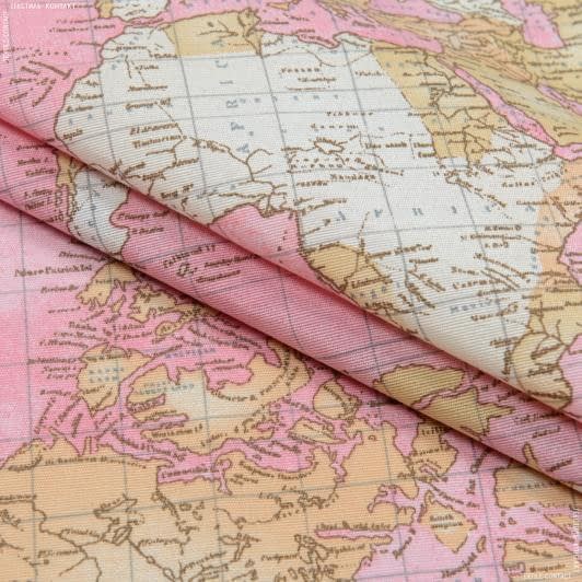 Ткани для штор - Декоративная ткань лонета Карта мира розовый