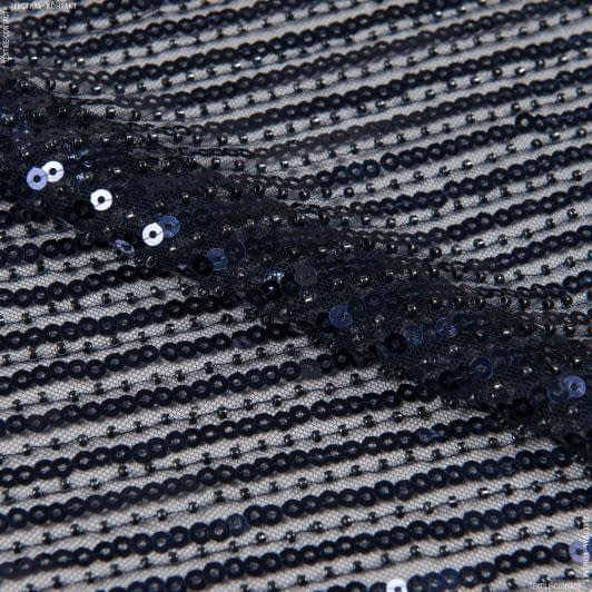 Ткани для блузок - Сетка с пайетками и бисером темно-синяя