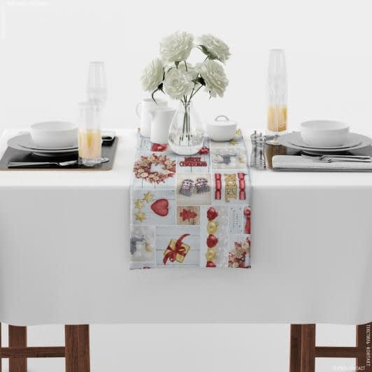 Ткани готовые изделия - Раннер для сервировки стола  Новогодний / Коллаж, игрушки  фон серый  150х40 см  (173570)