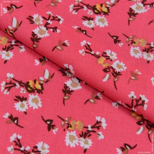 Тканини для суконь - Штапель фалма принт коричнево-білі квіти на рожевому