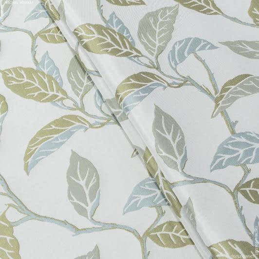 Тканини портьєрні тканини - Декор сіетл,листя оливка,лазурь,фон молочний