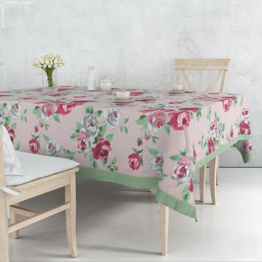 Тканини скатертини - Скатертина квіти рожевий / салатовий 157х220 см
