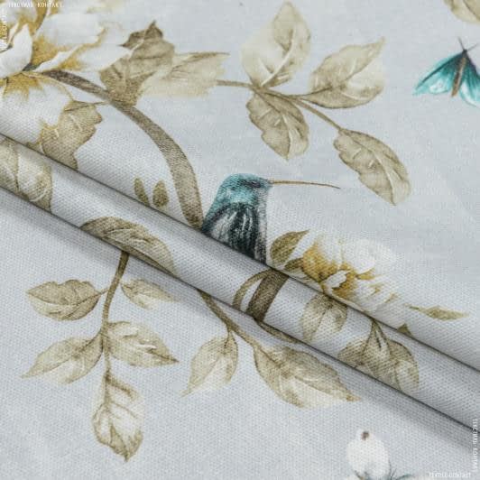 Тканини портьєрні тканини - Декоративна тканина Квіти колібрі фон св.сірий