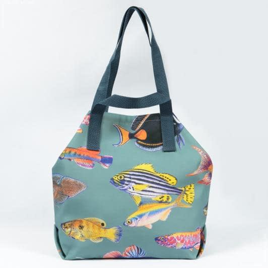 Тканини сумка шопер - Сумка шоппер Риби кольорові / фон сіро-блакитний 50х50 см