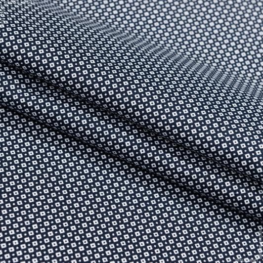 Тканини стрейч - Сорочкова у квадрати з крапками  біла/темно-синя