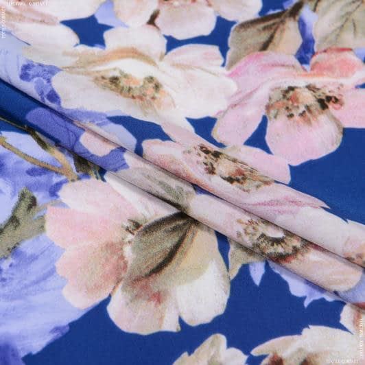 Тканини для суконь - Шифон стрейч софт Мельба принт квіти на синьому