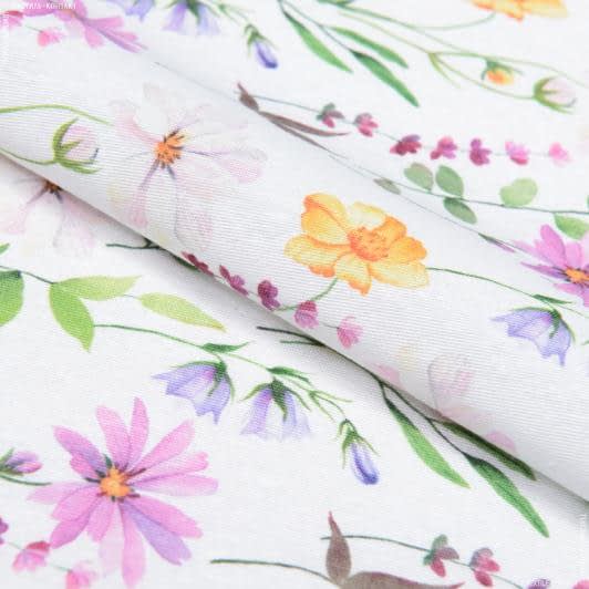 Тканини для декоративних подушок - Декоративна тканина лонета Лугові квіти мальва фон білий
