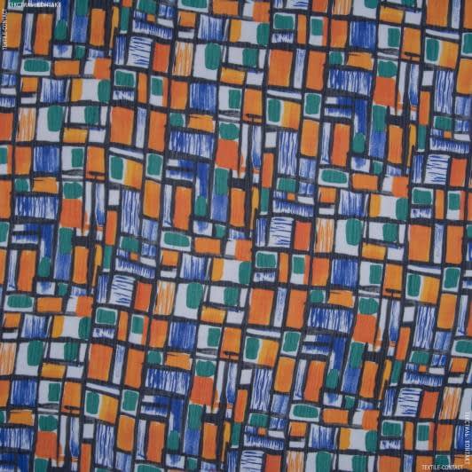 Тканини для суконь - Шифон євро принт прямокутники  помаранчеві/зелені/сині