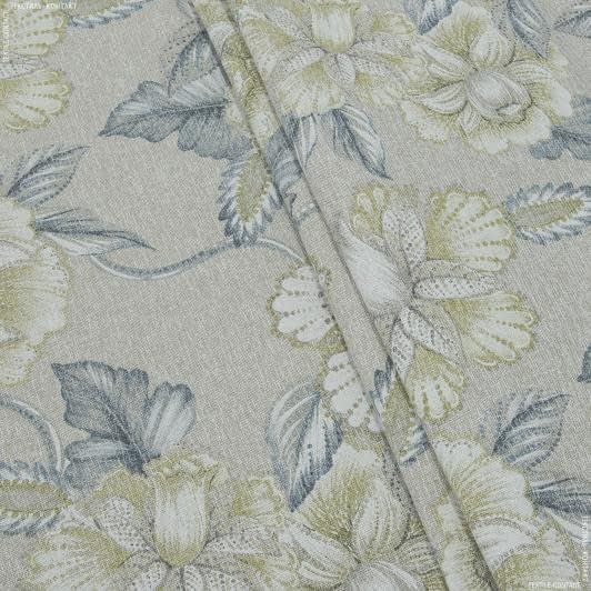 Ткани для декора - Декоративная ткань Евейди цветы оливка,серо-гоубой